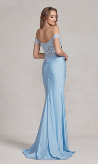  Sheer-Corset Off-Shoulder Long Prom Dress E1184