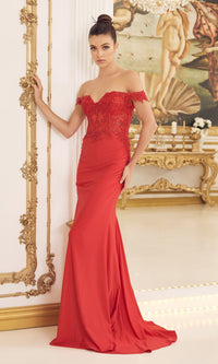 Red Sheer-Corset Off-Shoulder Long Prom Dress E1184