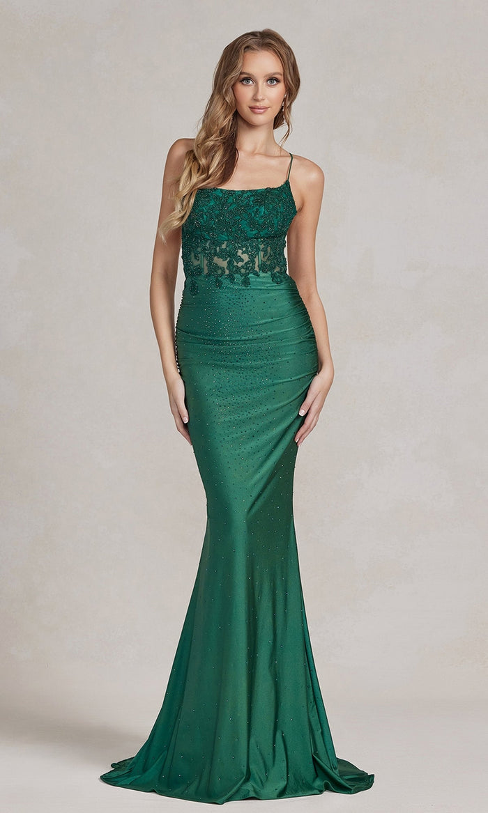 Emerald Open-Back Sheer-Waist Long Beaded Prom Dress E1186