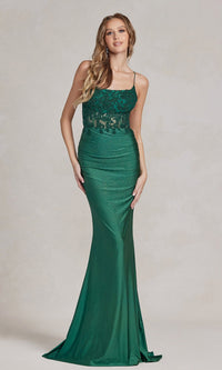 Open-Back Sheer-Waist Long Beaded Prom Dress E1186