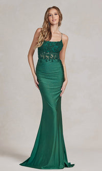  Open-Back Sheer-Waist Long Beaded Prom Dress E1186