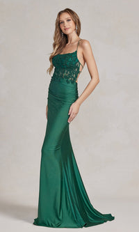  Open-Back Sheer-Waist Long Beaded Prom Dress E1186