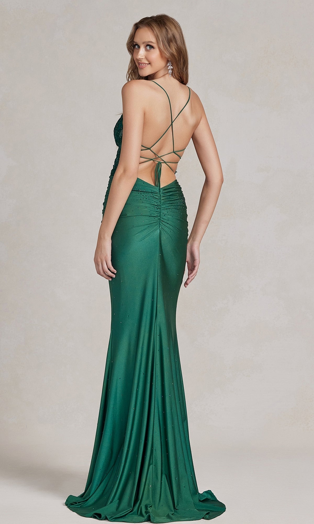  Open-Back Sheer-Waist Long Beaded Prom Dress E1186