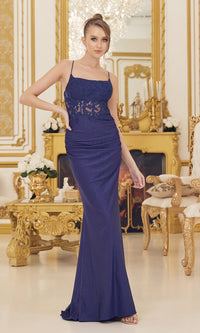 Navy Blue Open-Back Sheer-Waist Long Beaded Prom Dress E1186