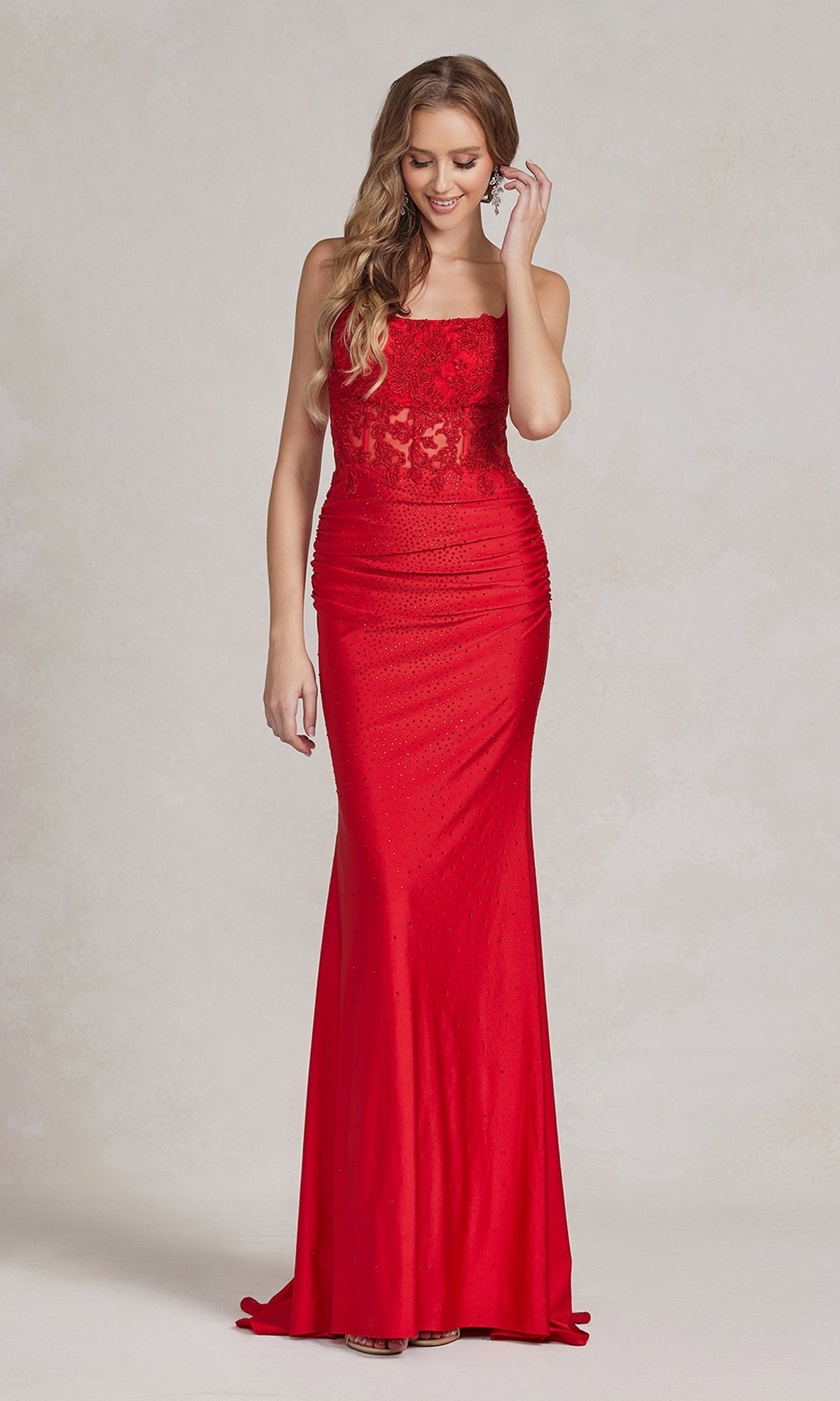  Open-Back Sheer-Waist Long Beaded Prom Dress E1186