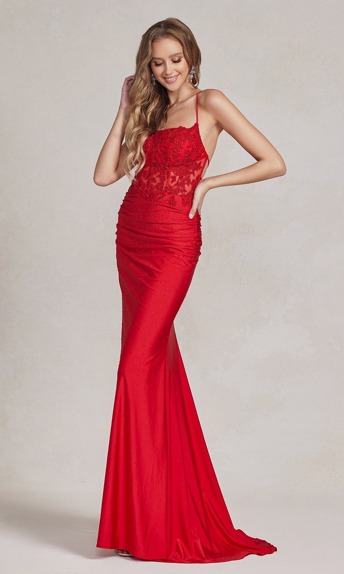Red Open-Back Sheer-Waist Long Beaded Prom Dress E1186