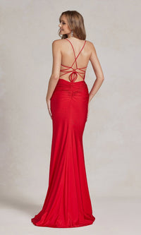  Open-Back Sheer-Waist Long Beaded Prom Dress E1186