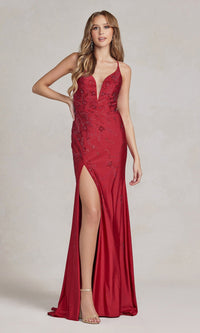 Burgundy Plunging V-Neck Long Beaded Formal Dress E1206