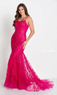 Fuchsia Lace Up Back Mermaid Prom Dress In Lace EW122032