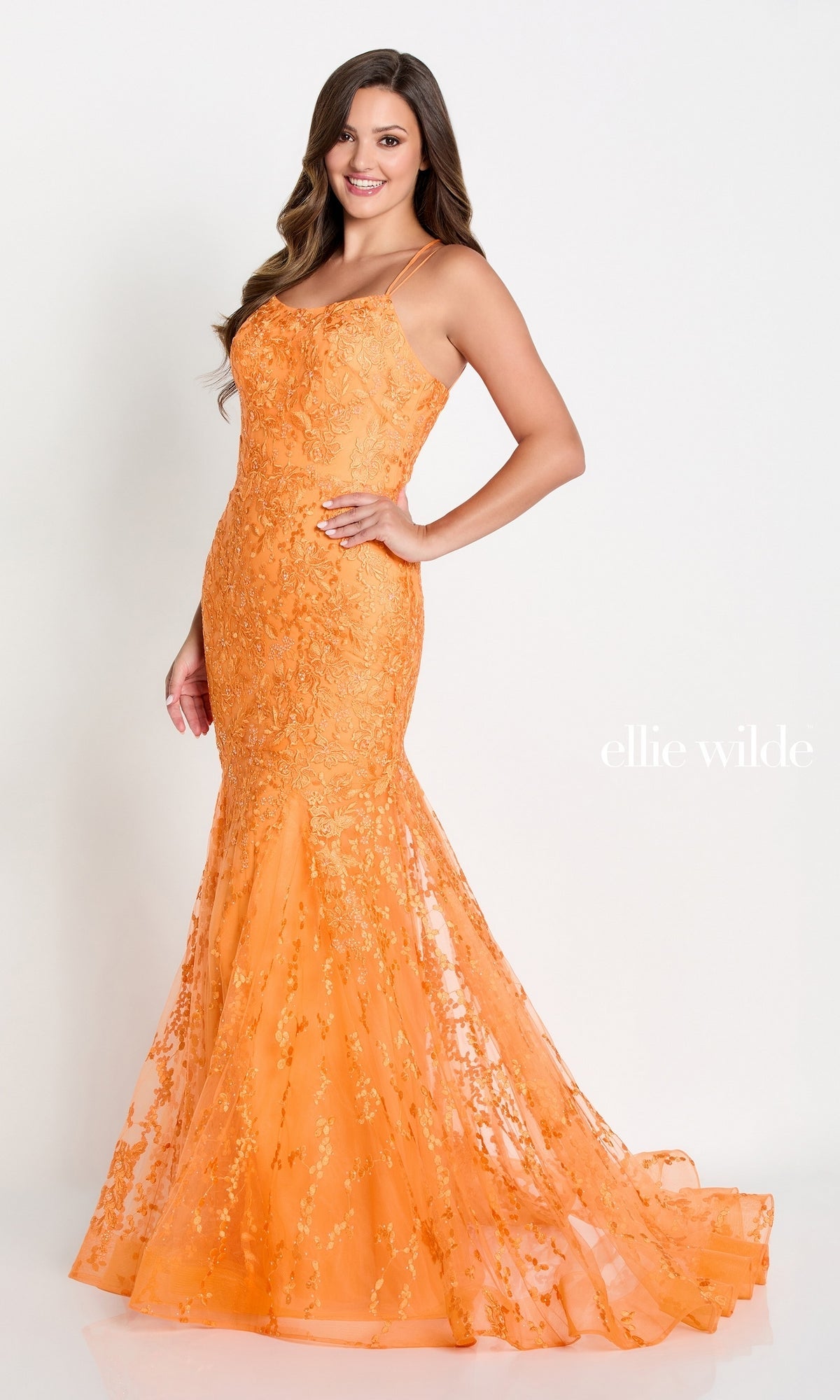 Orange Lace Up Back Mermaid Prom Dress In Lace EW122032