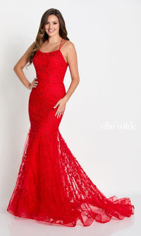 Red Lace Up Back Mermaid Prom Dress In Lace EW122032