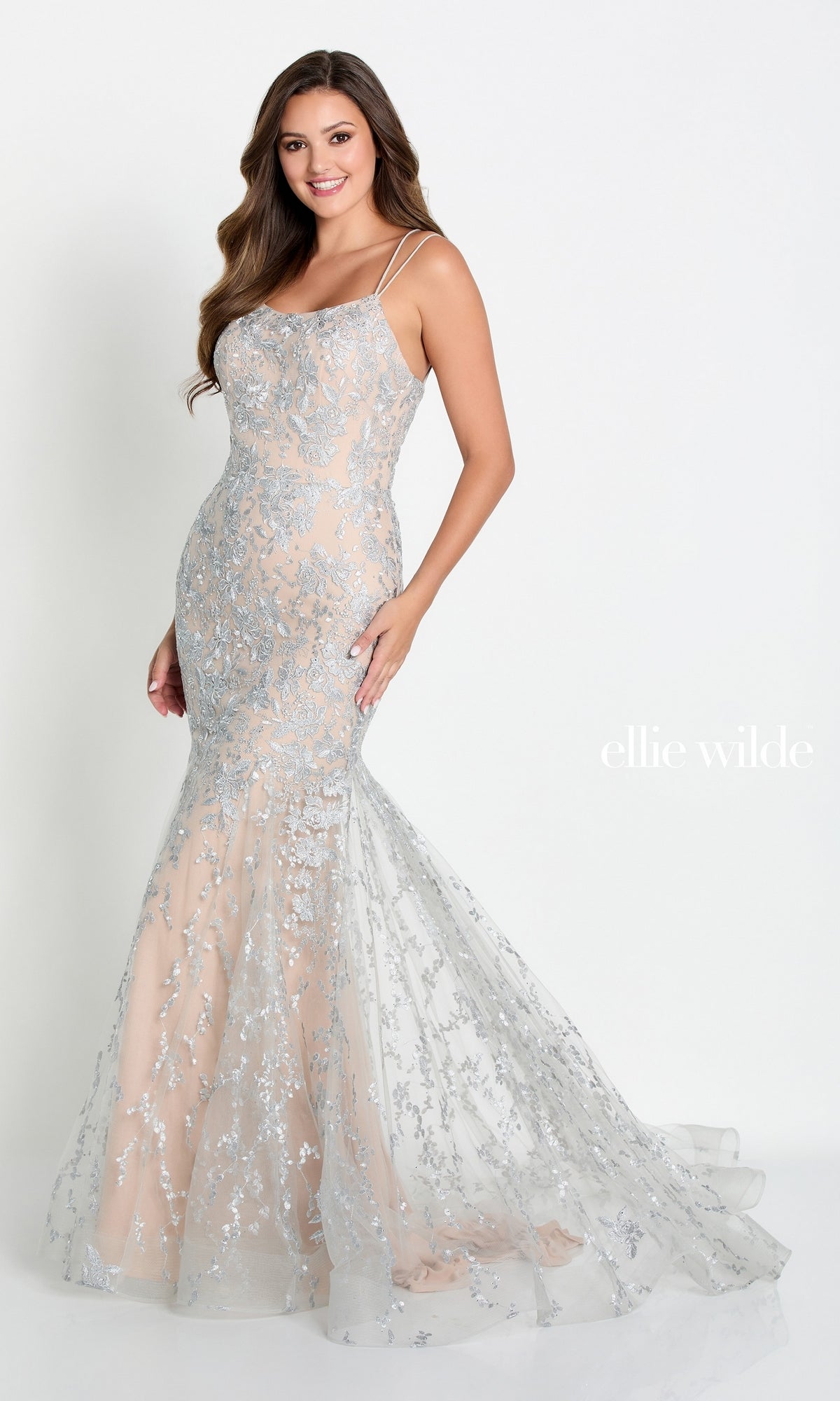 Silver/Nude Lace Up Back Mermaid Prom Dress In Lace EW122032