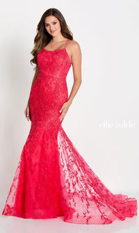 Strawberry Lace Up Back Mermaid Prom Dress In Lace EW122032