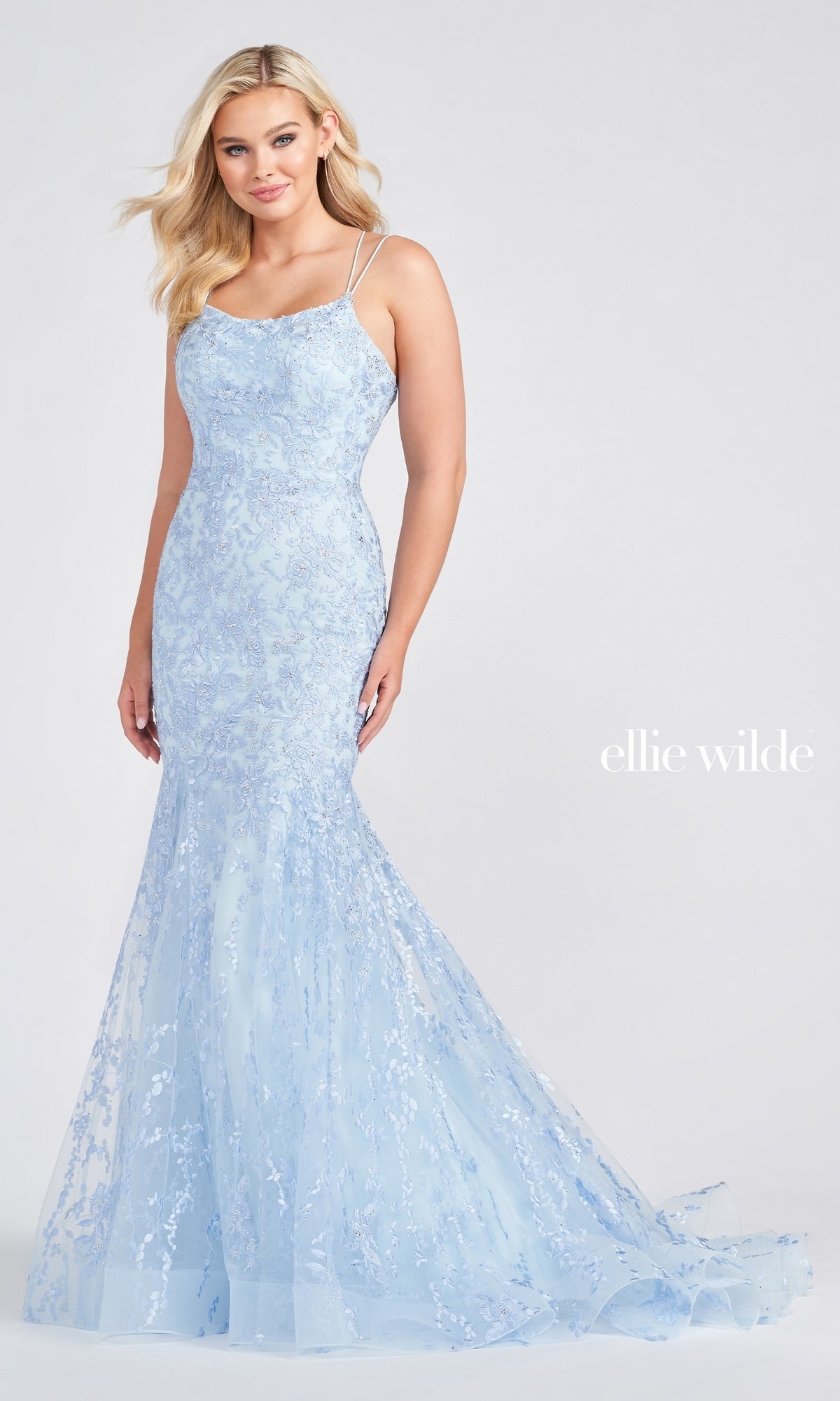 Light Blue Lace Up Back Mermaid Prom Dress In Lace EW122032