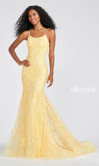 Yellow Lace Up Back Mermaid Prom Dress In Lace EW122032