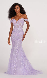 Lilac Off The Shoulder Lace Embroidered Prom Dress EW34007
