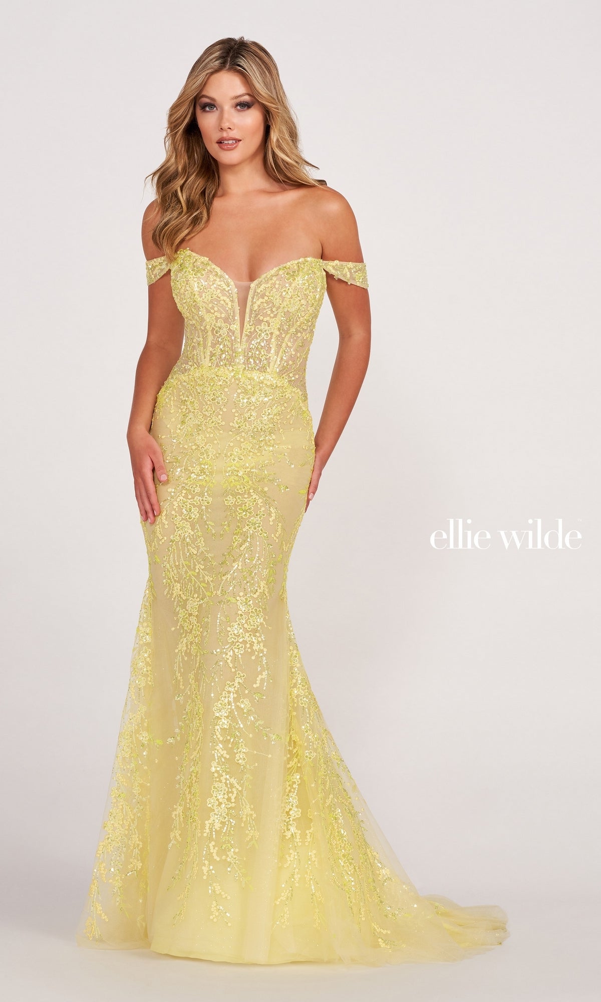 Yellow Off The Shoulder Lace Embroidered Prom Dress EW34007