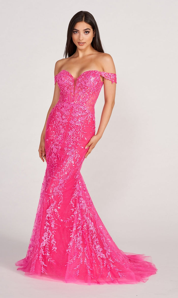 Cerise Off The Shoulder Lace Embroidered Prom Dress EW34007