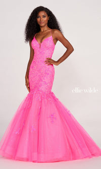 Hot Pink Long Tulle Mermaid Dress By Ellie Wilde EW34011