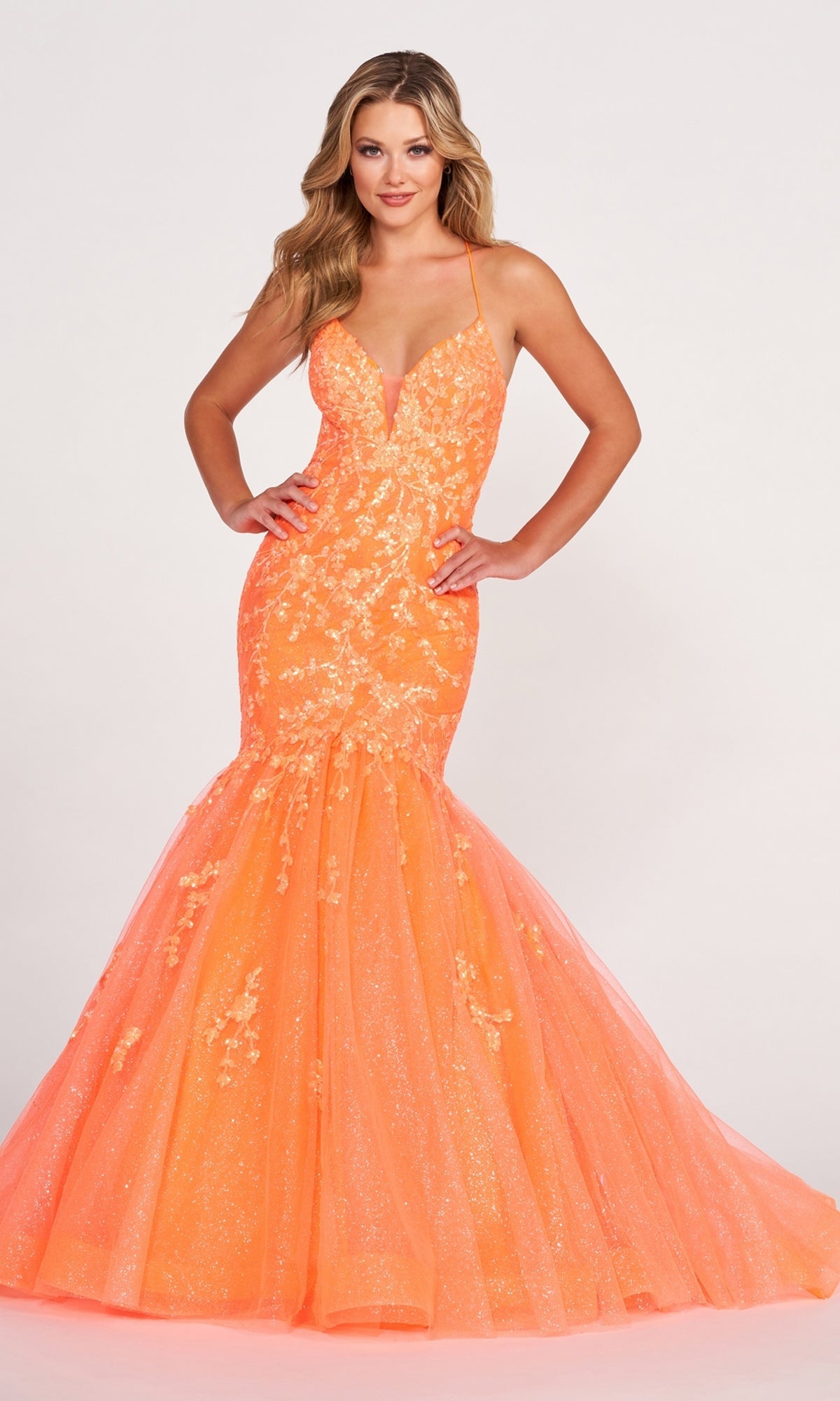 Orange Long Tulle Mermaid Dress By Ellie Wilde EW34011