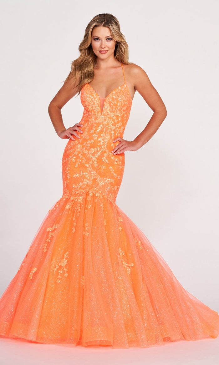 Orange Long Tulle Mermaid Dress By Ellie Wilde EW34011