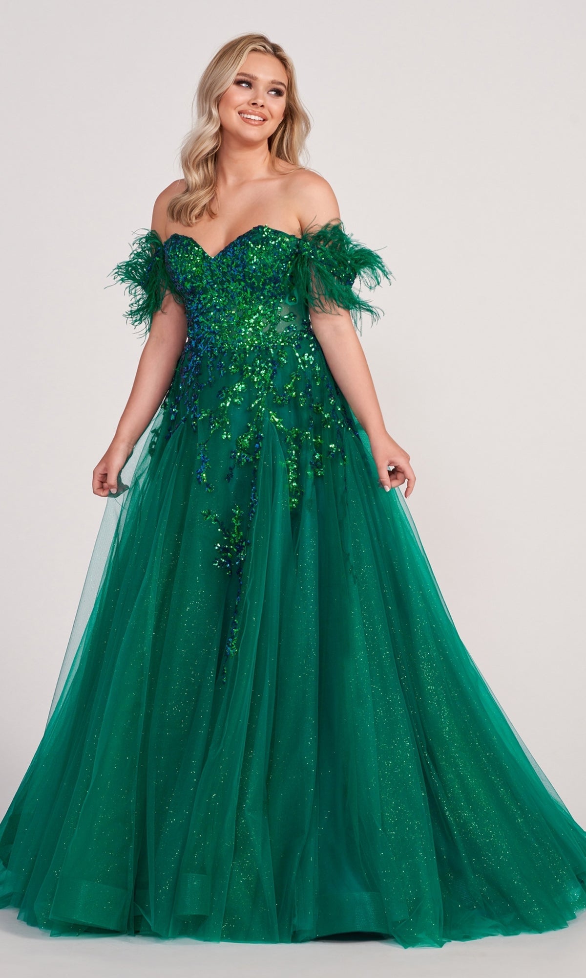 Emerald Ellie Wilde Ball Gown With Feather Off The Shoulder Details