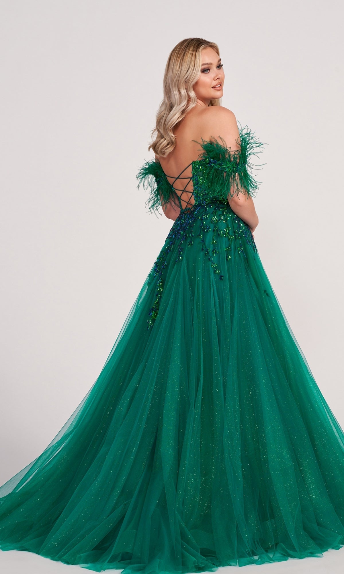  Ellie Wilde Ball Gown With Feather Off The Shoulder Details
