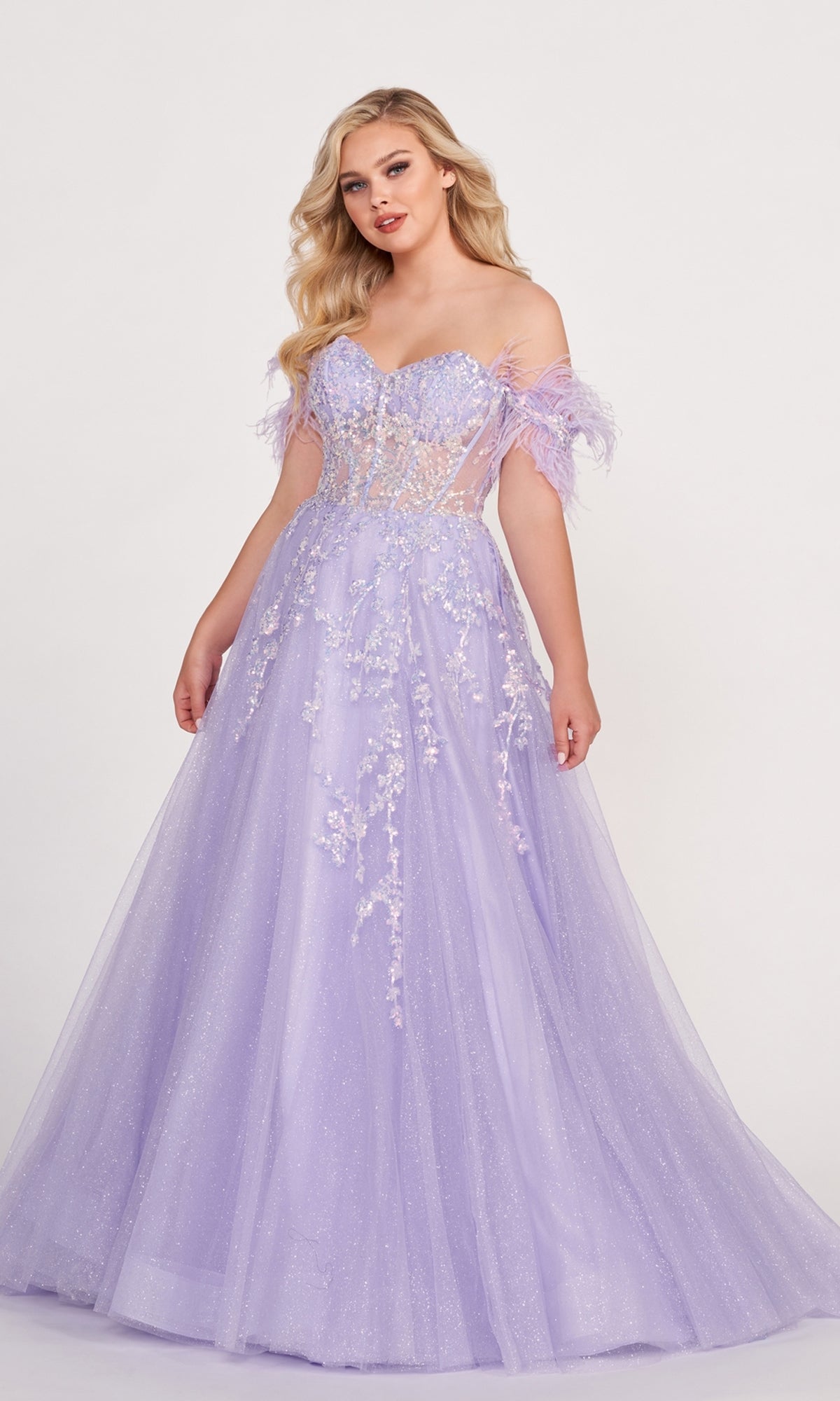 Lilac Ellie Wilde Ball Gown With Feather Off The Shoulder Details