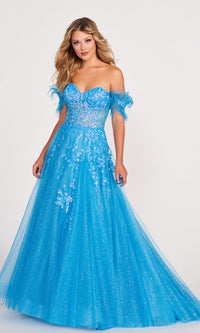 Ocean Blue Ellie Wilde Ball Gown With Feather Off The Shoulder Details