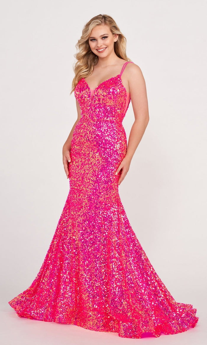 Hot Pink Mermaid Sequin Prom Dress By Ellie Wilde EW34016