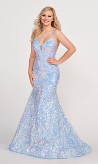 Light Blue Mermaid Sequin Prom Dress By Ellie Wilde EW34016