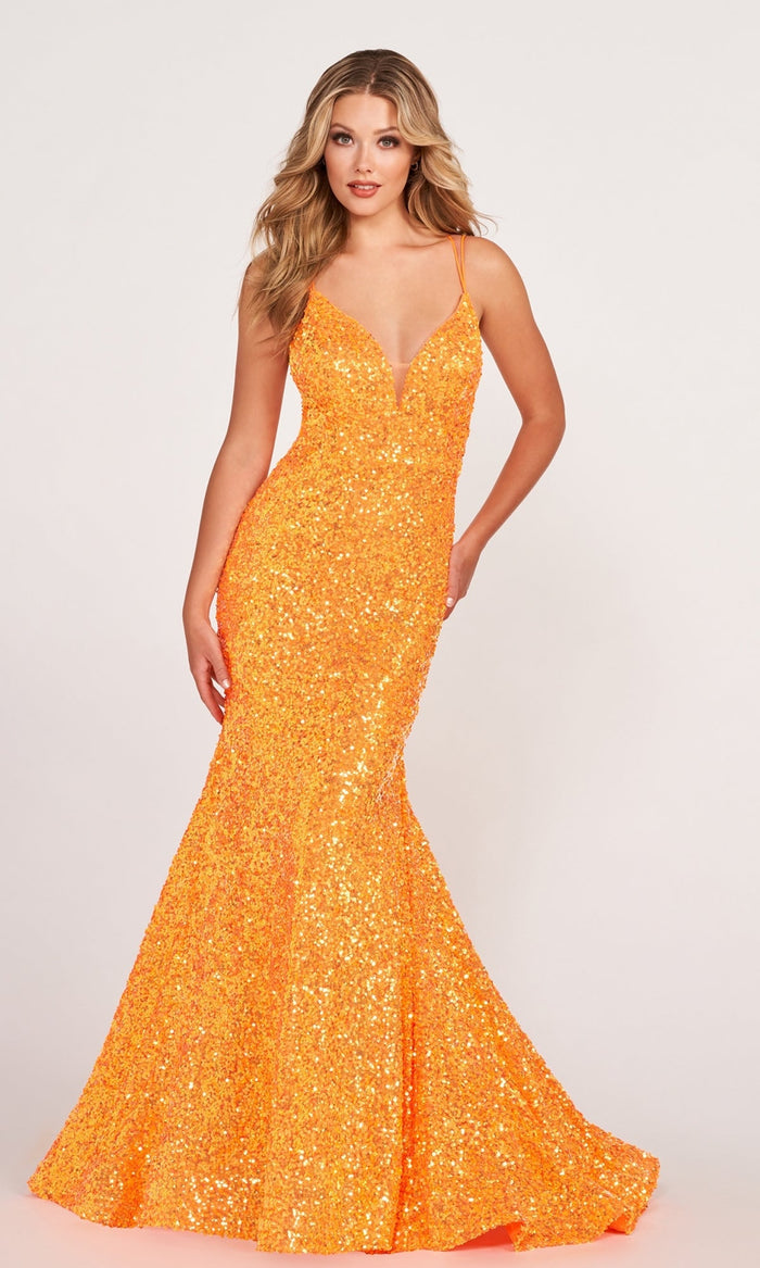Orange Mermaid Sequin Prom Dress By Ellie Wilde EW34016