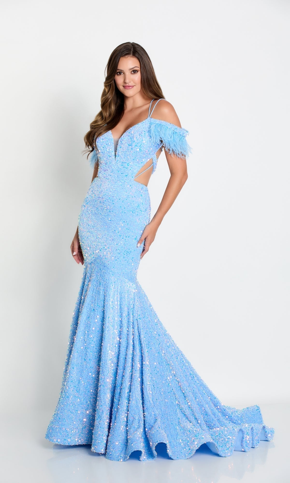 Light Blue Feather Sequin Off The Shoulder Dress EW34017