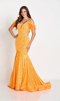 Orange Feather Sequin Off The Shoulder Dress EW34017
