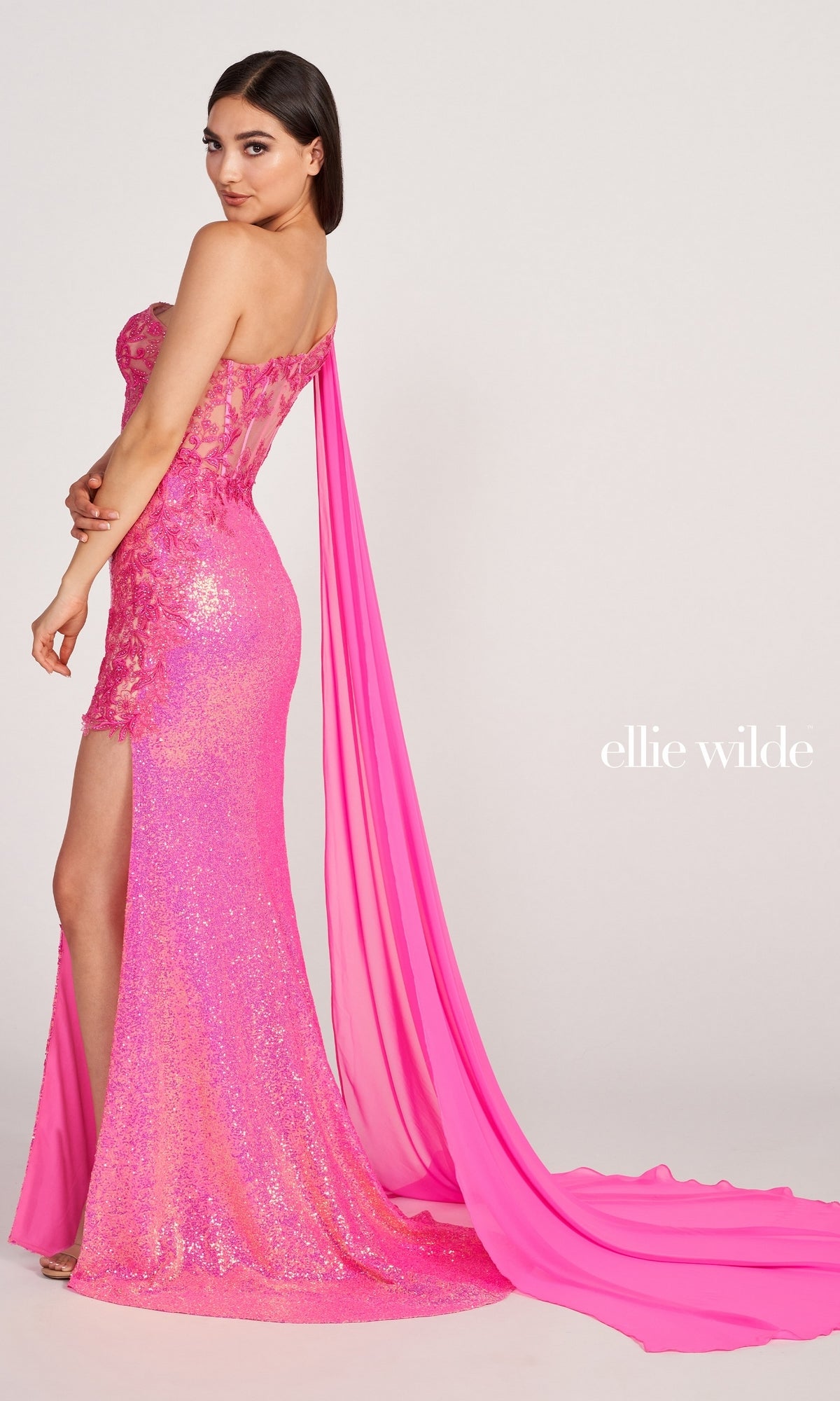  Cape Sleeve Sheer Corset Prom Dress EW34020
