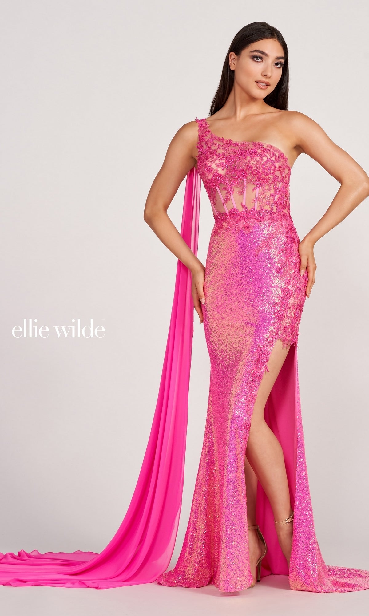  Cape Sleeve Sheer Corset Prom Dress EW34020