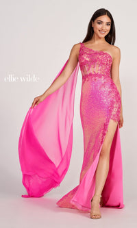 Hot Pink Cape Sleeve Sheer Corset Prom Dress EW34020