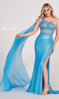 Ocean Blue Cape Sleeve Sheer Corset Prom Dress EW34020