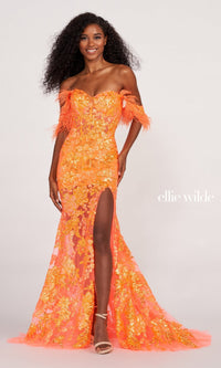 Orange Off The Shoulder Feather Sheer Illusion Dress EW34034