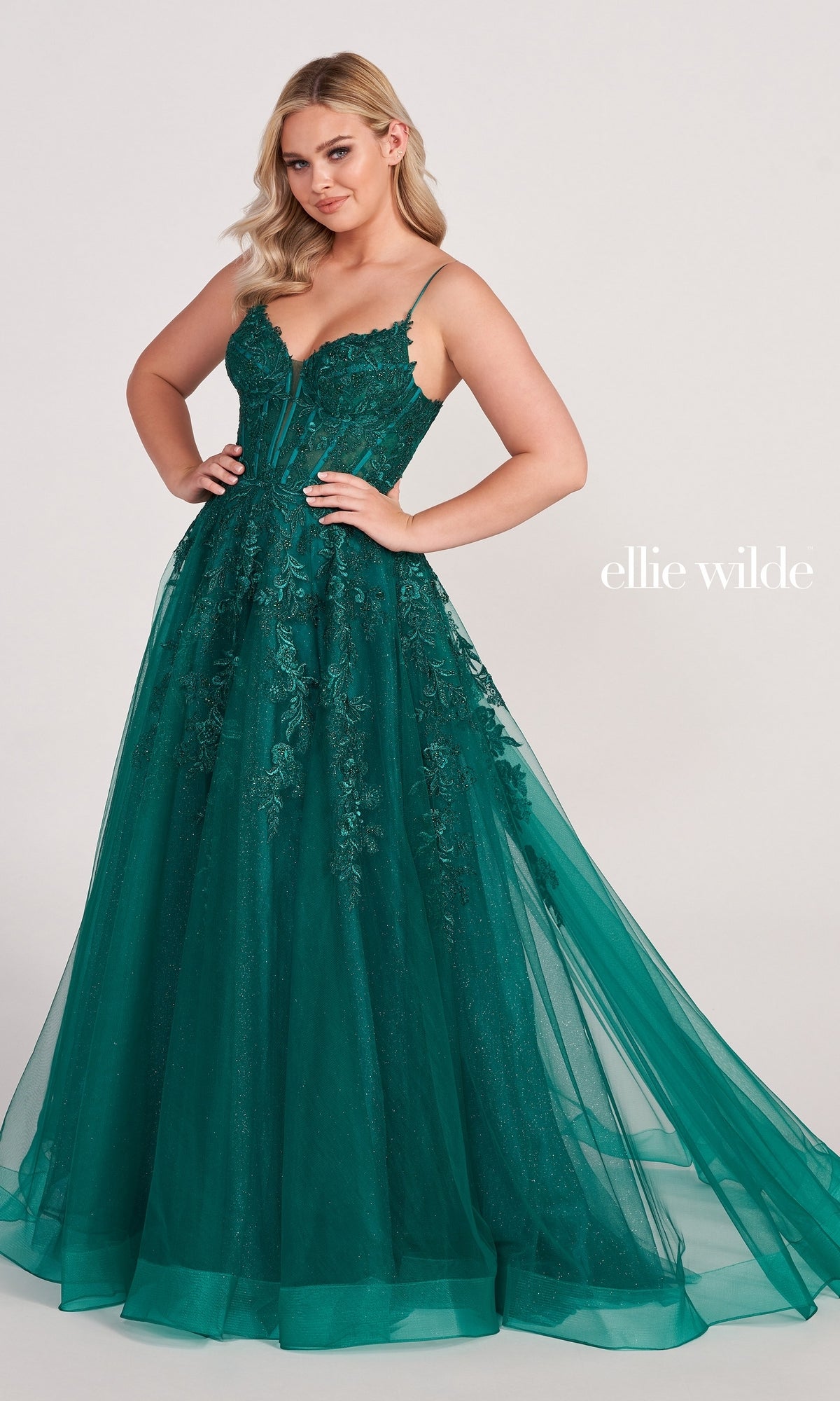 Emerald Ball Gown With Sheer Corset By Ellie Wilde EW34036