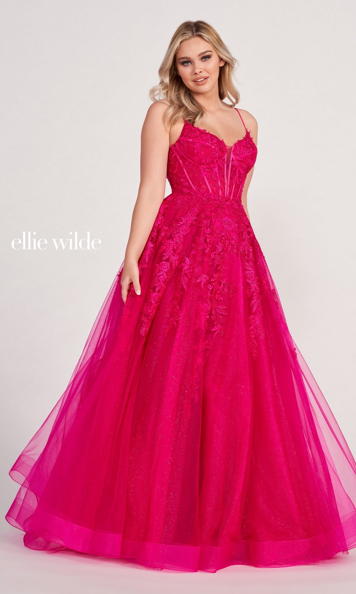 Magenta Ball Gown With Sheer Corset By Ellie Wilde EW34036