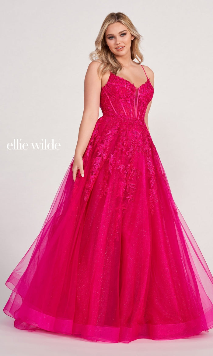Magenta Ball Gown With Sheer Corset By Ellie Wilde EW34036