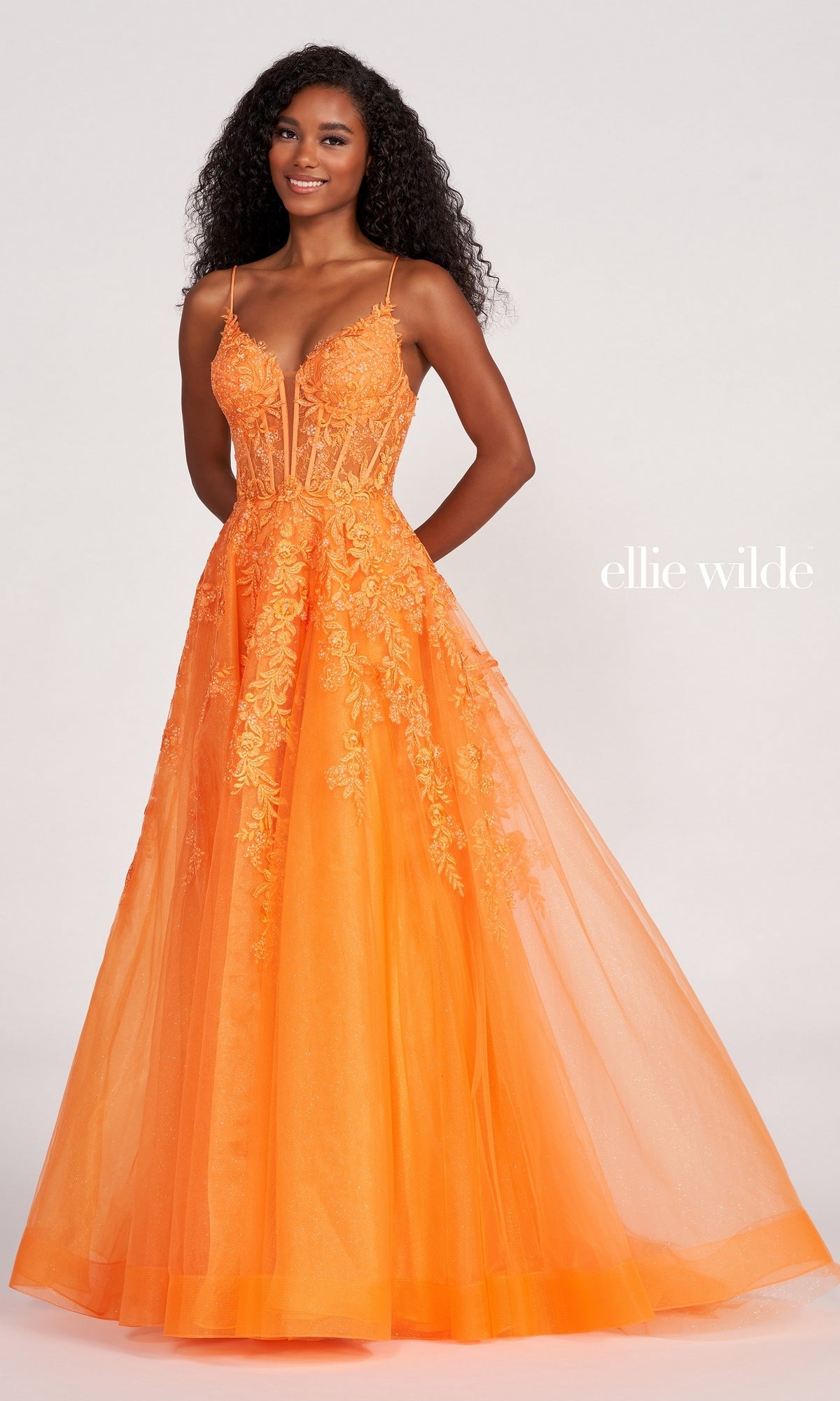 Orange Ball Gown With Sheer Corset By Ellie Wilde EW34036