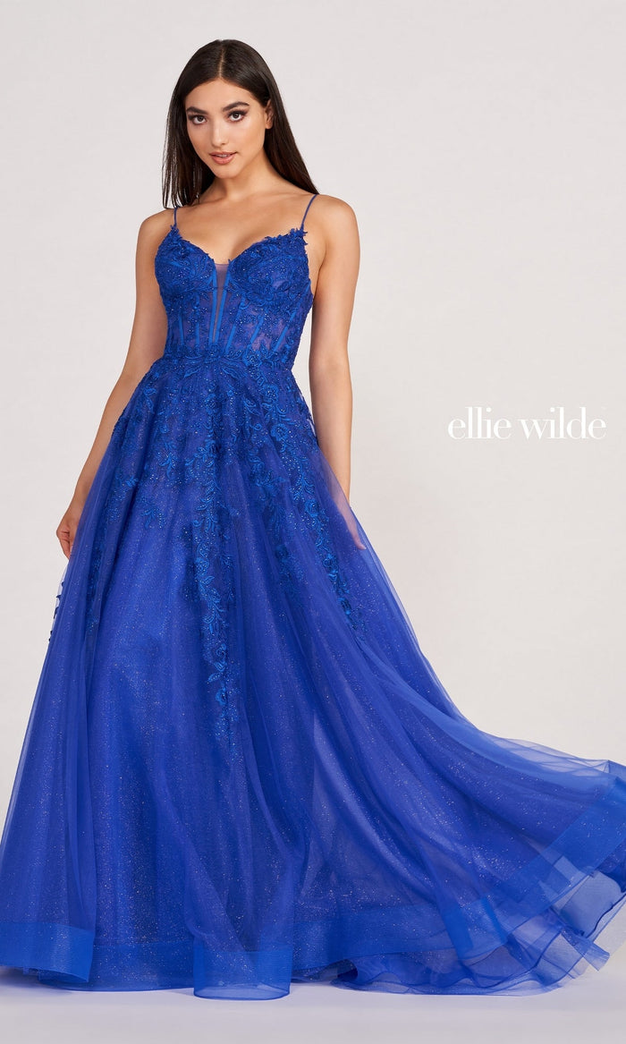 Royal Blue Ball Gown With Sheer Corset By Ellie Wilde EW34036