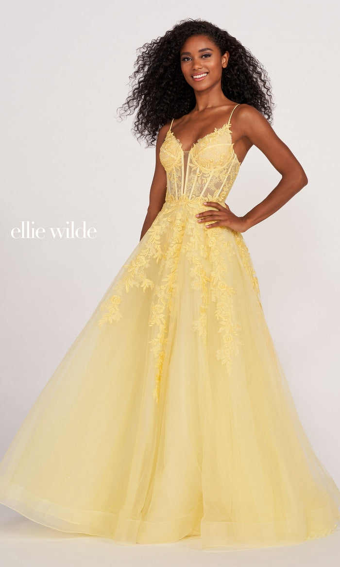 Yellow Ball Gown With Sheer Corset By Ellie Wilde EW34036