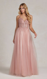  Beaded-Bodice Rose Gold Long Prom Ball Gown