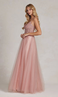 Rose Gold Beaded-Bodice Rose Gold Long Prom Ball Gown