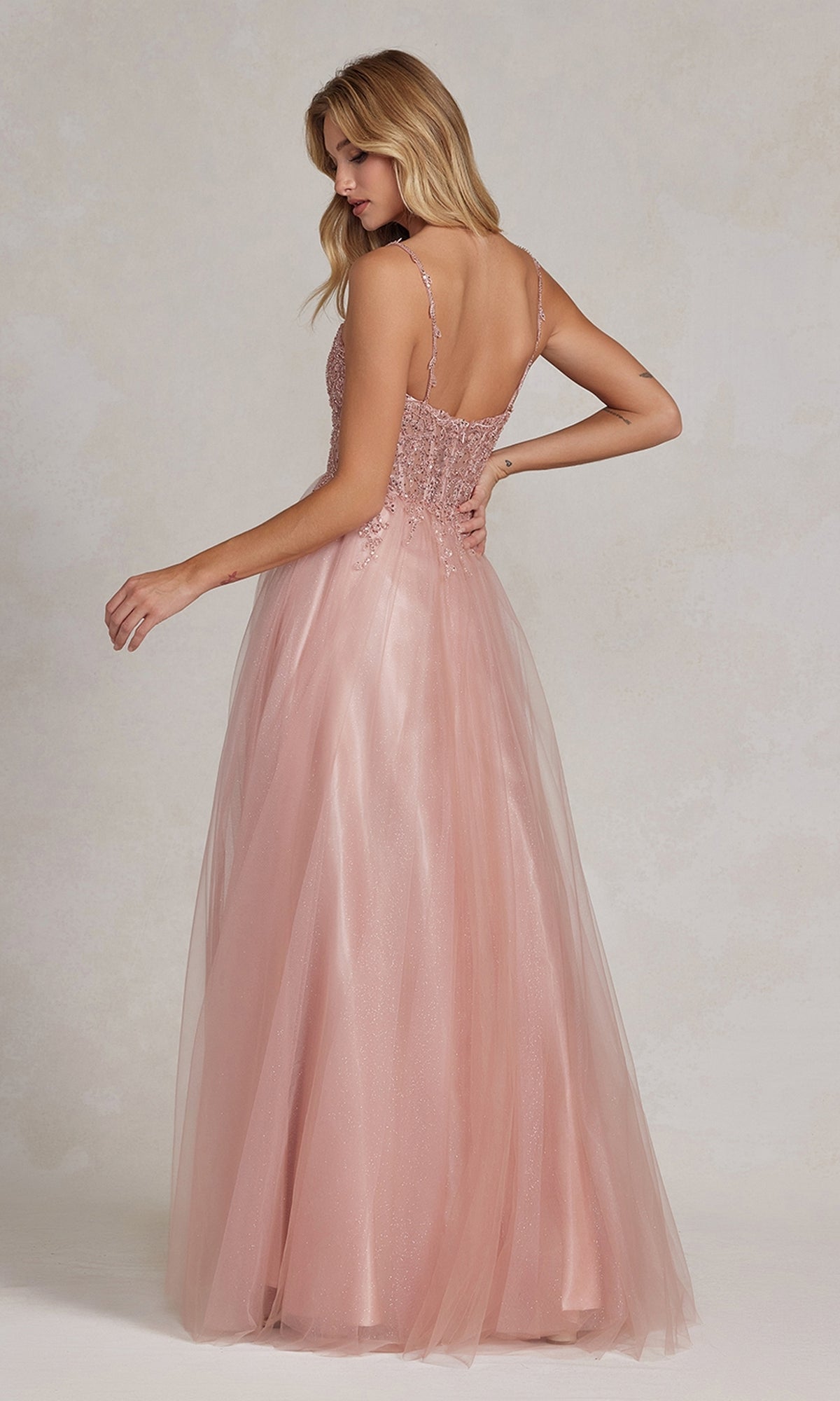  Beaded-Bodice Rose Gold Long Prom Ball Gown