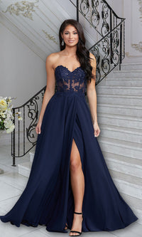 Neptune Strapless Sweetheart Sheer-Bodice Long Prom Dress