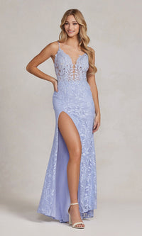 Periwinkle Sheer-Bodice Long Lace Prom Dress in Periwinkle